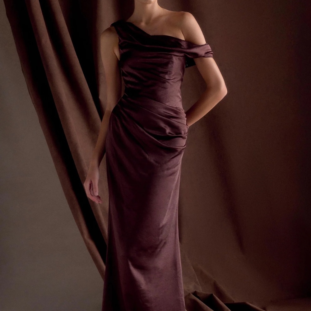 Dalia Off Shoulder Satin Maxi Dress - Dark Chocolate